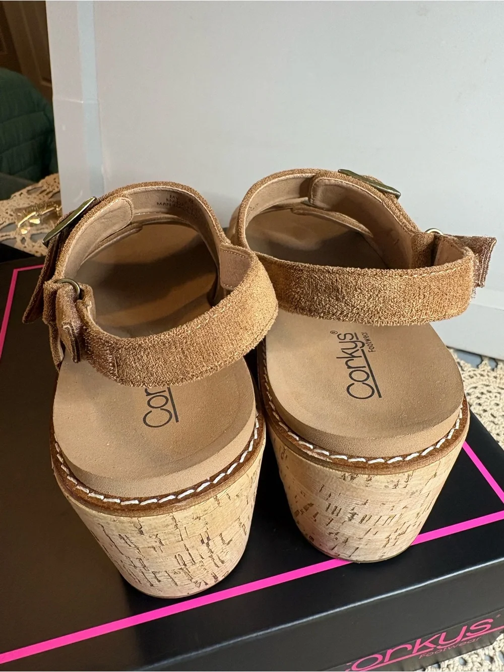 New Corkys Tan Faux Suede Cork Platform Wedge Sandals